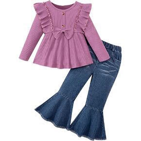 Toddler Girl Clothes Solid Color Ruffle Bowtie Top and Flare Pants Headband 3Pcs Winter Baby Girl Outfits