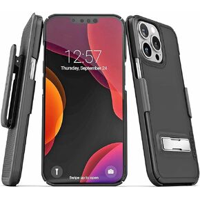 Encased Belt Case Designed for iPhone 13 PRO MAX Case with Metal Kickstand and Slimline Holster Clip (Matte Black)