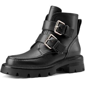 DearOnly Womens Platform Combat Boots Low Chunky Heel Lug Sole Buckle Ankle Boots Zipper Motorcycle Fashion Biker Booties Dress Shoes 1.4 Inches Heels