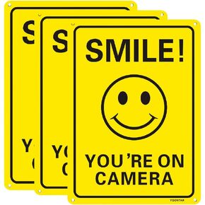 3 عبوات Smile You're On Camera Video Surveillance Signs 10x7 بوصة مضادة للصدأ من الألومنيوم للأشعة فوق البنفسجية محمية علامات عاكسة للأعمال المنزلية وكاميرا CCTV الأمنية في الهواء الطلق