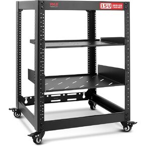 Pyle 15U Network Cabinet - Open Wall Mount Server Rack w/Heavy-Duty Wheels, Wall-Mountable, Steel Construction, Vented Shelves, Easy Access, 19" Equipment Compatible, 20 x 20 x 26 in (Black)