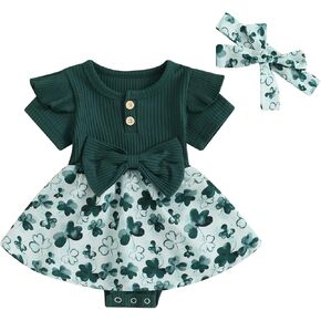 Karuedoo Newborn Baby Girl St. Patrick's Day Outfit Clover Romper Dress Ruffle Short Sleeve Jumpsuit Bodysuit with Headband
