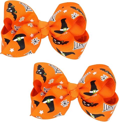 Baby Girl's 2 Pcs Halloween Bowknot Hair Clip Cartoon Printed Bowknot Hair Clip (Orange Spider) in Saudi Arabia