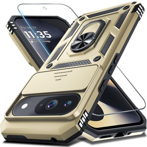 Janmitta Case Compatible with Google Pixel 9 Pro XL Built in Slide Camera Lens Cover+Screen Protector+Finger Ring Holder Kickstand,Heavy Duty Shockproof Full Body Protective Phone Cover,Black in Saudi Arabia