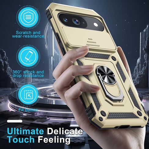 Janmitta Case Compatible with Google Pixel 9 Pro XL Built in Slide Camera Lens Cover+Screen Protector+Finger Ring Holder Kickstand,Heavy Duty Shockproof Full Body Protective Phone Cover,Black in Saudi Arabia