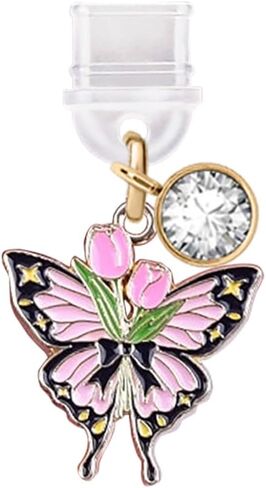 ELISE & FONDA TP393 Type-C USB Charging Port Anti Dust Plug Butterfly BowTulips Cell Phone Charm for iPhone 15 /Samsung/OnePlus/Xiaomi/oppo Android Phones (Black & Pink) in Saudi Arabia