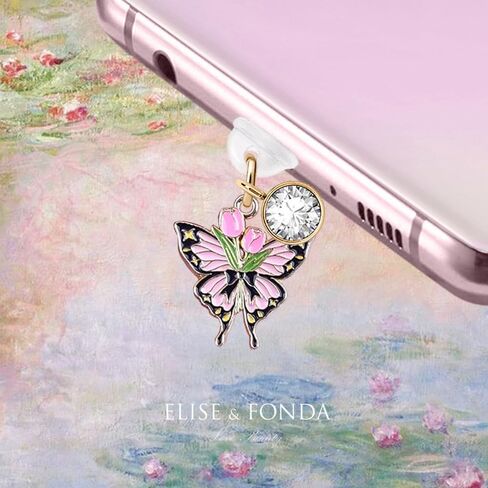 ELISE & FONDA TP393 Type-C USB Charging Port Anti Dust Plug Butterfly BowTulips Cell Phone Charm for iPhone 15 /Samsung/OnePlus/Xiaomi/oppo Android Phones (Black & Pink) in Saudi Arabia