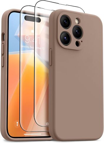 OTOFLY Designed for iPhone 14 Pro Max Case, Liquid Silicone Case with 2 Pack Tempered Glass Screen Protector, Upgraded Camera Protection, Anti-Scratch Soft Microfiber Lining, 6.7 inch (Light Brown) in Saudi Arabia