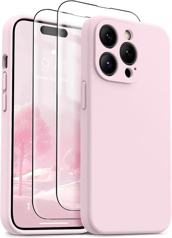 OTOFLY Designed for iPhone 14 Pro Max Case, Liquid Silicone Case with 2 Pack Tempered Glass Screen Protector, Upgraded Camera Protection, Anti-Scratch Soft Microfiber Lining, 6.7 inch (Light Brown) in Saudi Arabia