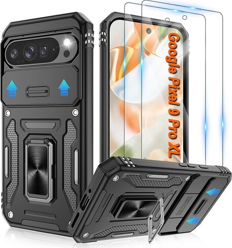 for Google Pixel 9 Case/Pixel 9 Pro Case with [2 Pack] HD Screen Protector + Slide Camera Cover, 360° Rotation Ring Kickstand [Military Grade] Shockproof Protective Phone Case, Black in Kuwait