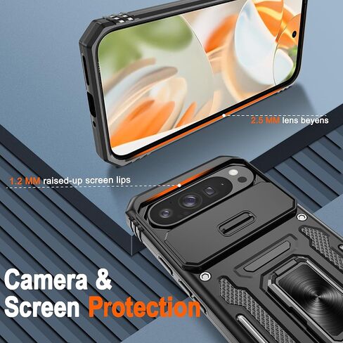 for Google Pixel 9 Case/Pixel 9 Pro Case with [2 Pack] HD Screen Protector + Slide Camera Cover, 360° Rotation Ring Kickstand [Military Grade] Shockproof Protective Phone Case, Black in Kuwait