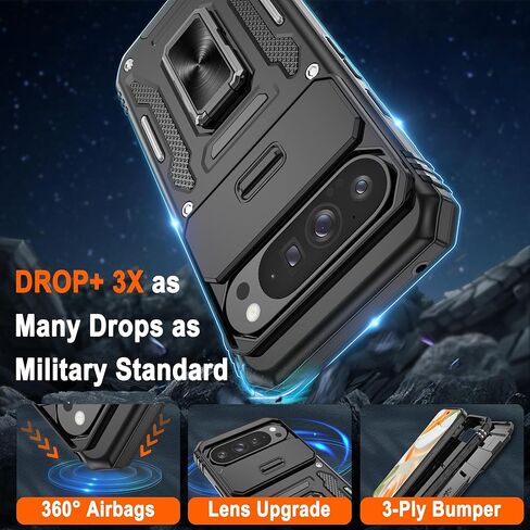 for Google Pixel 9 Case/Pixel 9 Pro Case with [2 Pack] HD Screen Protector + Slide Camera Cover, 360° Rotation Ring Kickstand [Military Grade] Shockproof Protective Phone Case, Black in Kuwait