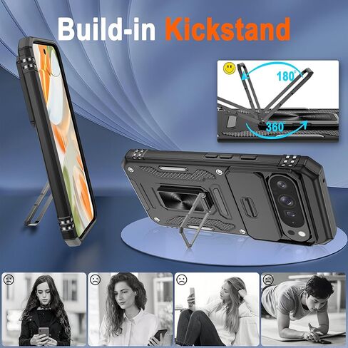 for Google Pixel 9 Case/Pixel 9 Pro Case with [2 Pack] HD Screen Protector + Slide Camera Cover, 360° Rotation Ring Kickstand [Military Grade] Shockproof Protective Phone Case, Black in Kuwait