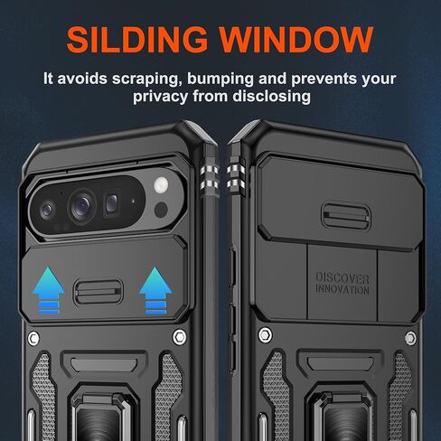 for Google Pixel 9 Case/Pixel 9 Pro Case with [2 Pack] HD Screen Protector + Slide Camera Cover, 360° Rotation Ring Kickstand [Military Grade] Shockproof Protective Phone Case, Black in Kuwait