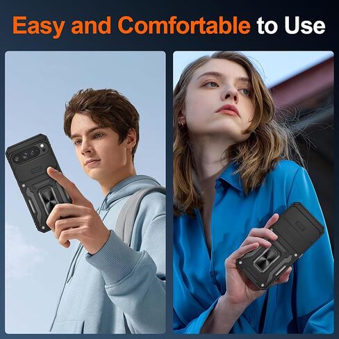 for Google Pixel 9 Case/Pixel 9 Pro Case with [2 Pack] HD Screen Protector + Slide Camera Cover, 360° Rotation Ring Kickstand [Military Grade] Shockproof Protective Phone Case, Black in Kuwait