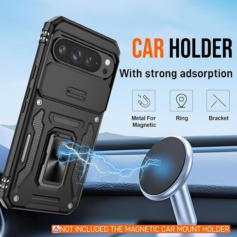 for Google Pixel 9 Case/Pixel 9 Pro Case with [2 Pack] HD Screen Protector + Slide Camera Cover, 360° Rotation Ring Kickstand [Military Grade] Shockproof Protective Phone Case, Black in Kuwait