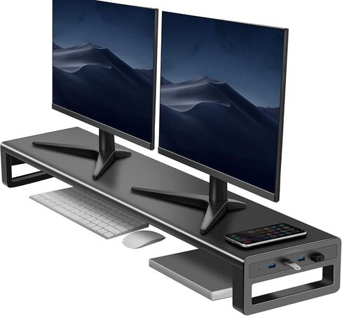 Vaydeer Dual Monitor Stand Computer Riser with USB 3.0 Hub Ports, Double Metal Stand for 2 Computer, TV, PC, Printer, Multi Media Speaker, Multifunctional Desktop Organizer in Saudi Arabia