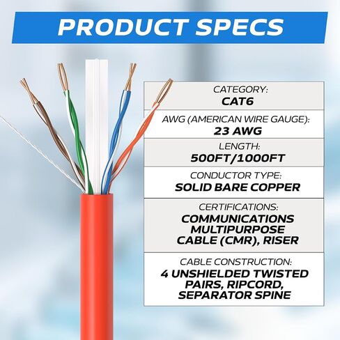 الكابلات المباشرة عبر الإنترنت Cat6 23AWG 500FT من النحاس الصلب العاري، سلك Riser CMR ETL، إيثرنت مجمعة 550 ميجا هرتز، أحمر in Kuwait
