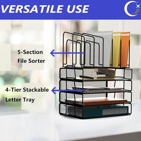 منظم مكتب Gawerk، منظمات مكتبية معدنية وملحقاتها، صينية رسائل قابلة للتكديس بطبقتين و5 أقسام مستقيمة لتنظيم فارز الملفات واللوازم المكتبية للمكتب المنزلي، أسود in Kuwait