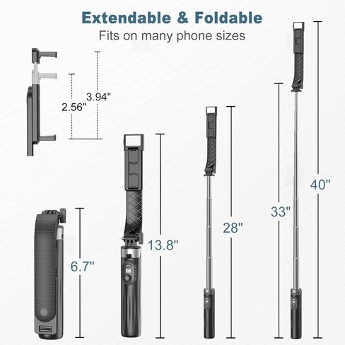 40" Selfie Stick Tripod, Extendable Travel Essential Phone Tripod with LED Fill Light, Upgrade Cell Phone quadpods with Wireless Remote, for iPhone 14/14 pro/13/13 Pro/12/11/11 Pro and Android in Saudi Arabia