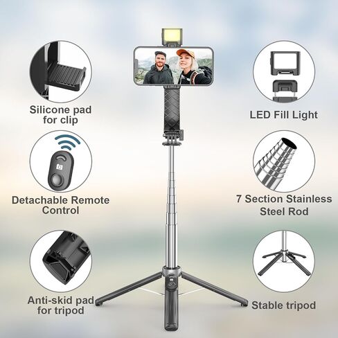 40" Selfie Stick Tripod, Extendable Travel Essential Phone Tripod with LED Fill Light, Upgrade Cell Phone quadpods with Wireless Remote, for iPhone 14/14 pro/13/13 Pro/12/11/11 Pro and Android in Saudi Arabia
