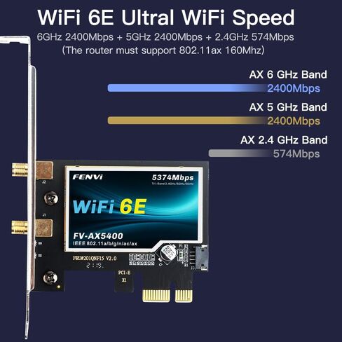 بطاقة WiFi 6E PCIe WiFi مع BT 5.3، ومحول الشبكة اللاسلكية AX5400 لأجهزة الكمبيوتر المكتبية، 2.4 جيجا هرتز/5 جيجا هرتز/6 جيجا هرتز، حتى 5374 ميجا بت في الثانية، مع هوائي وقوس منخفض المستوى، يدعم Win 11/10 (64 بت) in Kuwait