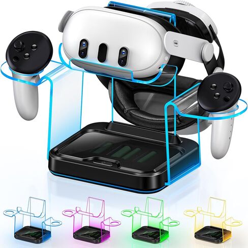 قاعدة شحن سريعة للواقع الافتراضي لـ Meta Oculus Quest 3: محطة شحن LED Quest لـ Oculus 2 Aceesories - حامل وحدة تحكم RGB مع 4 بطاريات قابلة لإعادة الشحن in Kuwait