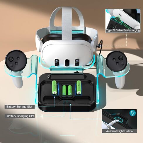 قاعدة شحن سريعة للواقع الافتراضي لـ Meta Oculus Quest 3: محطة شحن LED Quest لـ Oculus 2 Aceesories - حامل وحدة تحكم RGB مع 4 بطاريات قابلة لإعادة الشحن in Kuwait