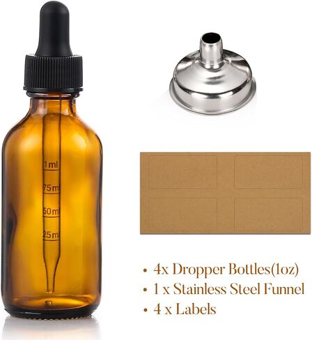 Set of 4, 1 oz Eye Dropper Bottles with 2 Extra 1mL Calibrated Glass Droppers & 1 Funnels & 4 Labels, 30ml Thick Dark Amber Glass Tincture Bottles, Leakproof Essential Oils Bottle for Storage & Travel in Saudi Arabia