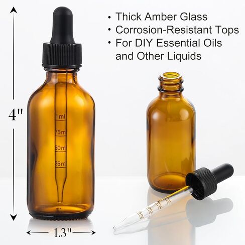 Set of 4, 1 oz Eye Dropper Bottles with 2 Extra 1mL Calibrated Glass Droppers & 1 Funnels & 4 Labels, 30ml Thick Dark Amber Glass Tincture Bottles, Leakproof Essential Oils Bottle for Storage & Travel in Saudi Arabia