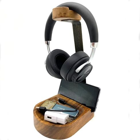 Wooden Headphone Stand, Headset Stand with Storage Tray, Heavy Duty Holder for Over-Ear Headphones, Compatible with Bose, Beats, Sony, Sennheiser, Made from Beautiful Acacia Wood in Saudi Arabia