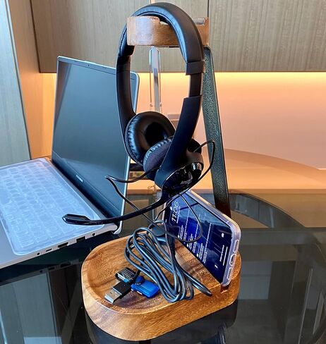 Wooden Headphone Stand, Headset Stand with Storage Tray, Heavy Duty Holder for Over-Ear Headphones, Compatible with Bose, Beats, Sony, Sennheiser, Made from Beautiful Acacia Wood in Saudi Arabia