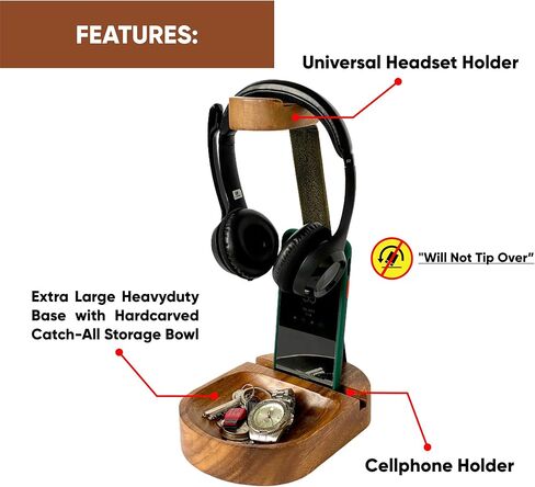 Wooden Headphone Stand, Headset Stand with Storage Tray, Heavy Duty Holder for Over-Ear Headphones, Compatible with Bose, Beats, Sony, Sennheiser, Made from Beautiful Acacia Wood in Saudi Arabia