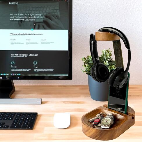 Wooden Headphone Stand, Headset Stand with Storage Tray, Heavy Duty Holder for Over-Ear Headphones, Compatible with Bose, Beats, Sony, Sennheiser, Made from Beautiful Acacia Wood in Saudi Arabia