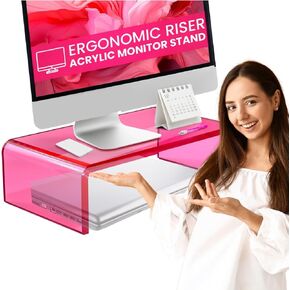 Pink Acrylic Monitor Stand and Phone Stand Set, Computer Riser with Phone Holder, Desk Riser, Acrylic Laptop Stand, Stands for Desk and Phone
