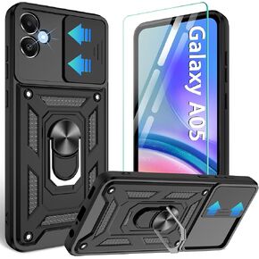 Compatible with Samsung Galaxy A05 Case,Galaxy A05 Case with Screen Protector[2 Pcs] with Slide Camera Cover, 360°Rotation Ring Kickstand [Military Grade] for A05 Case,Black