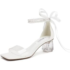 Pearl Heels Square Open Toe Block Heel Wedding Shoes for Bride Clear Heels Bridal Shoes Bow Wedding Sandals