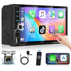 Podofo Double Din Car Stereo Apple CarPlay & Android Auto Bluetooth 7" HD Touch Screen Handsfree FM Audio Receiver with Mirror Link Voice Control Backup Camera/Steering Wheel Control/USB/TF/AUX/MIC