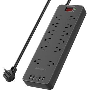 Black Power Strip Surge Protector, 1875W/15A, 2100J, 6FT Flat Plug Mountable Extension Cord with 10 Outlet+4 USB-A Port+1 USB-C, Multiple Plugs in One Outlet,ETL Certified