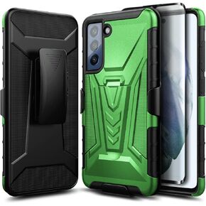 NZND Case for Samsung Galaxy S21 FE 5G with Tempered Glass Screen Protector (Maximum Coverage), Belt Clip Holster with Built-in Kickstand, Heavy Duty Protective Shockproof Armor Defender Case (Camo)