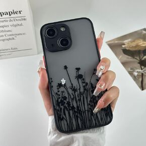for iPhone 15 Pro Case Aesthetic Vintage Black Floral Flower Pattern Cute Phone Case for Women Girls, Slim Fit Matte TPU Shockproof Protective Case, Black