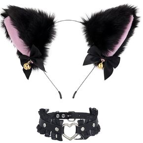 Cat Ears & Lace Necklace Cosplay Accessory Set, Soft Faux Fur Plush Fox Ears & Ribbon Bows Headband for Cartoon Kuromi Jk Lolita Costume Party; KM