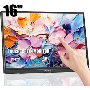 Portable Monitor Touchscreen 16 Inch FHD 1920x1200P HDMI USBC Travel Touch Screen Monitor IPS Display for PC Laptop Computer Ras Pi, 300cd/㎡, Built-in Speakers