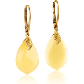 Natural Amber Earrings for Women - Gold Plated Silver Closure 925, Sparkling Polished Drop Amber, Lightweight Natural Semi Precious Stone, Dainty Jewelry for Ladies
