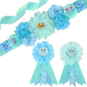Under The Sea Baby Shower Maternity Sash Kit - Ocean Animal Baby Shower Belly Belt and Mom to Be & Dad to Be Corsage Pins, New Parents Pregnancy Photo Props Party Supplies