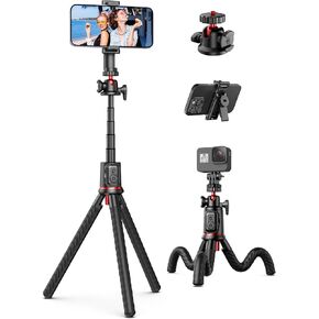 Tripod for iPhone, Camera Tripod, Extendable Flexible Tripod with Remote, 360 Ball Head Portable Travel Tripod Cell Phone Tripod Stand for Live Streaming Vlogging, Compatible with Cellphone, Camera