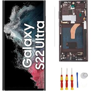 for Galaxy S22 Ultra S908U S908W, 6.8 Screen Touch Assembly with Frame Original Size & Fingerprint Function, Phone Digitizer Fully Assembled Screen Replacement Kit with Tools