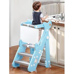 VBABY Foldable Toddler Tower, Certified Toddler Kitchen Stool Helper, Adjustable Height Toddler Step Stool, Plastic Learning Tower for Toddler, White