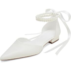 Closed Toe Pearl Wedding Flats Shoes for Bride with Bow Pointed Toe Bridal Flats Evening Prom Party Dress Shoes Pumps for Women