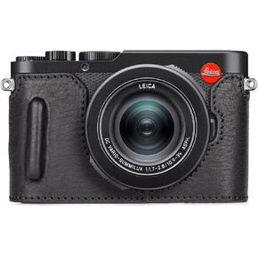 حافظة MUZIRI KINOKOO لكاميرا Leica D-LUX 8 - حافظة نصف واقية من الجلد الأصلي على الطراز القديم لكاميرا Leica D LUX 8/ D-LUX8 - مع تصميم سفلي مفتوح ومقبض يدوي - أسود